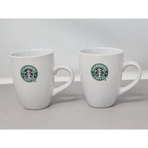 Starbucks Coffee White Ceramic Mugs Set Of 2 With‎ Green Logo 12 Oz Capacity